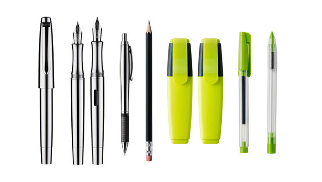 Collection of writing instruments including fountain pens ballpoint pen pencil, and highlighters