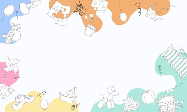 Colorful border of children s toys and playful objects on white background with pastel splashes, including balloons, puzzle pieces, blocks, boat, drum