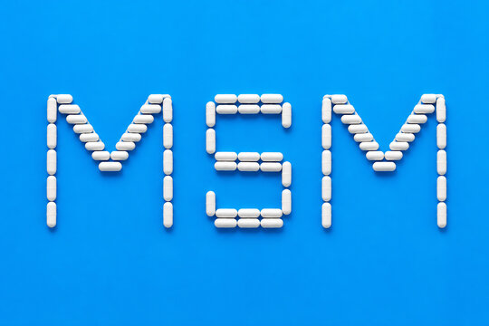 White pill letters spelling MSM are displayed against a bright blue background.