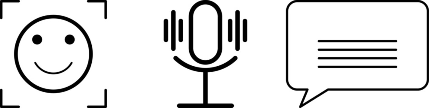 Biometric face recognition voice control microphone and speech bubble chat icons