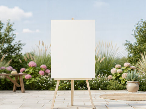 Blank vertical garden party welcome sign mockup on wooden easel with pink hydrangeas.