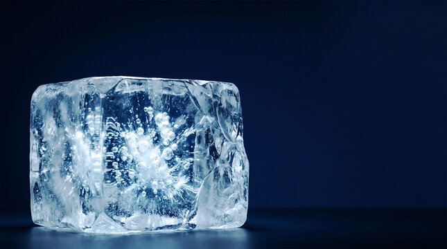 isolated square ice cube with frozen air bubbles