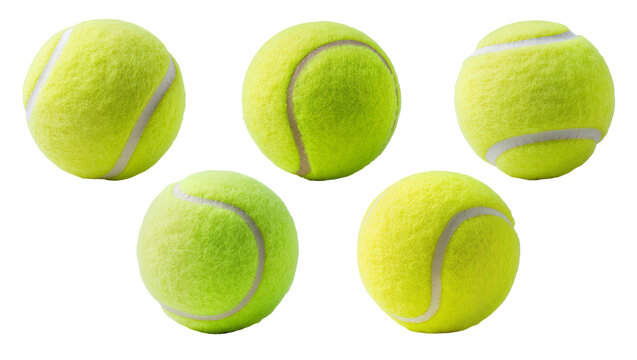 Five bright yellow tennis balls with white seams