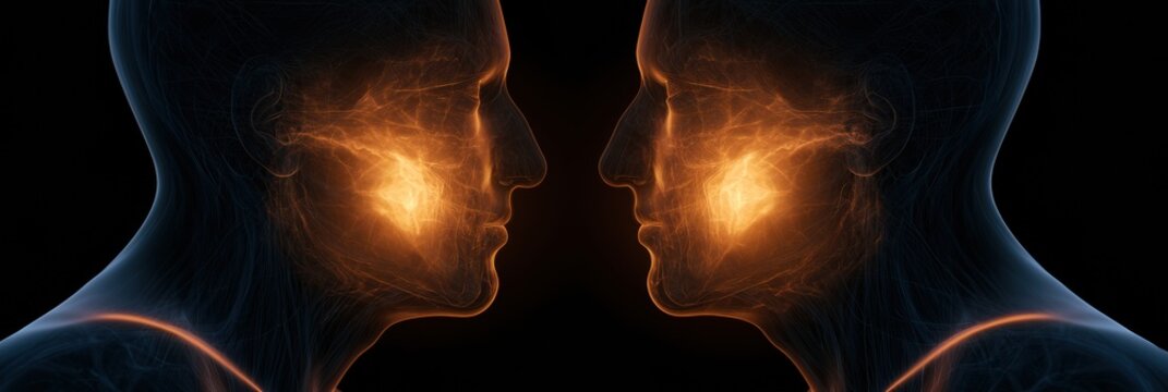Two abstract human shapes approach each other with glowing light from their chests. The artwork represents empathic communication in a dark setting.