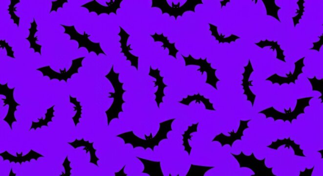 Seamless pattern of black flying bats on a vibrant purple background, perfect for halloween designs