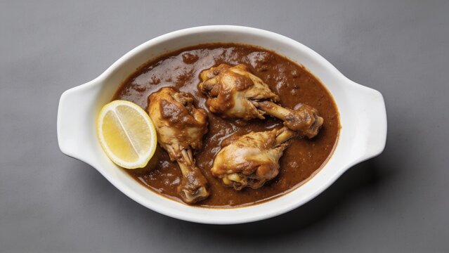 chicken nihari with lemon slice served in plate isolated on grey background 