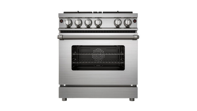 Stainless steel gas range oven with five burners and oven window