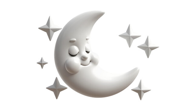 Smiling crescent moon with closed eyes surrounded by four stars
