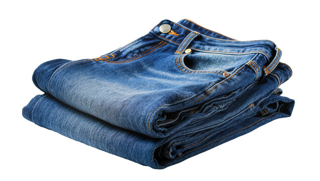 Folded blue denim jeans with orange stitching and metal button