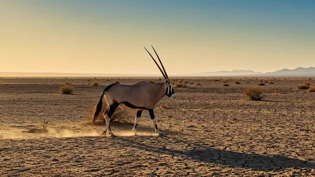 An oryx walks across a cracked, dry desert landscape at sunset.