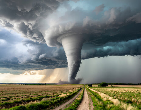 A powerful tornado descends from a dark, swirling storm cloud over a vast, open field, creating a dramatic and ominous scene.