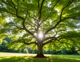 Fototapeta premium A majestic, sprawling tree stands bathed in golden sunlight, its vibrant green leaves creating a stunning display of natural beauty in a peaceful park setting.