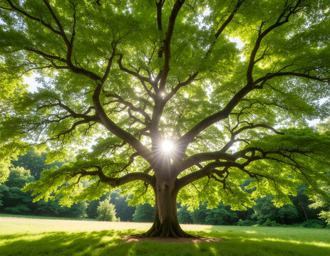 A majestic, sprawling tree stands bathed in golden sunlight, its vibrant green leaves creating a stunning display of natural beauty in a peaceful park setting.