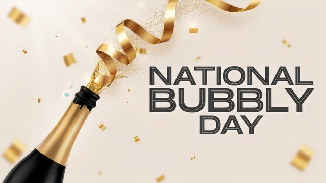 National Bubbly Day with champagne bottle explosion and festive gold confetti.