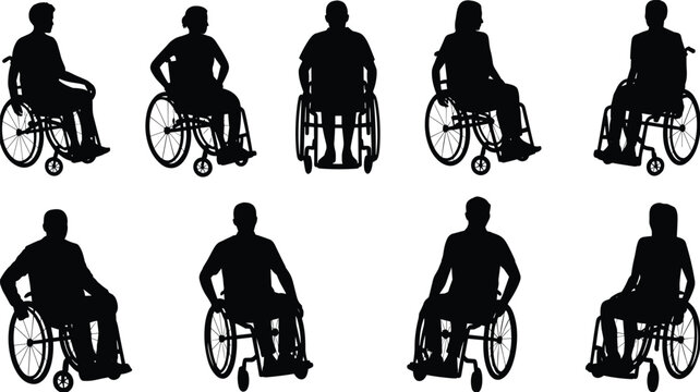 Silhouettes of people in wheelchairs in various poses and orientations illustration