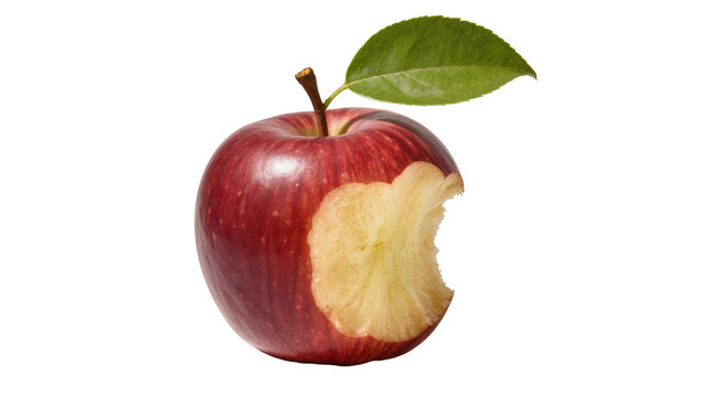 Red apple with bite mark and green leaf
