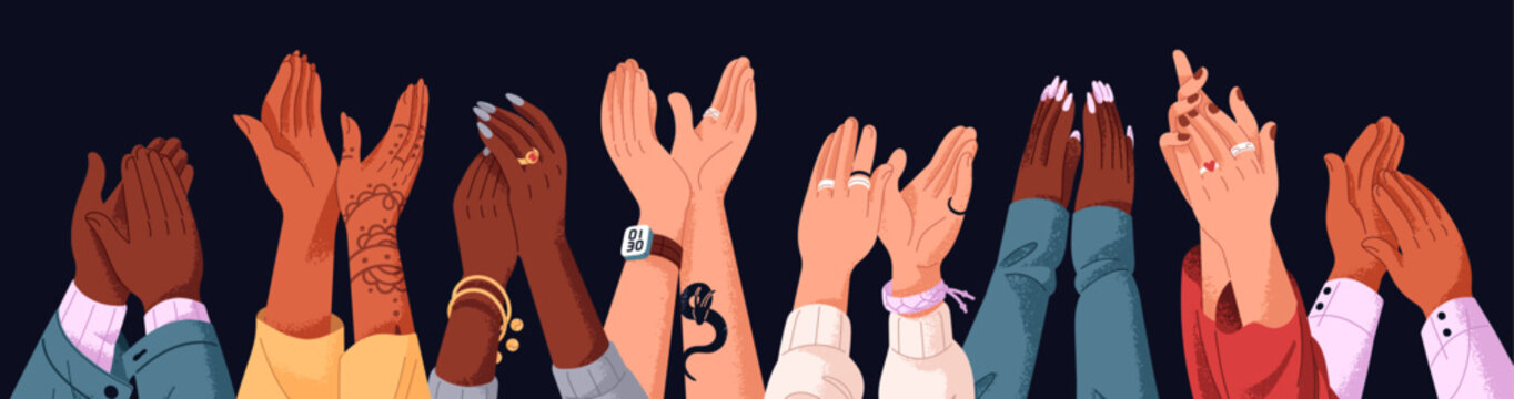 Banner with crowd of applauding human hands. Applause, cheers, clapping palms. Audience are greeting. People support, gratitude, celebrate success with ovation. Flat isolated vector illustration