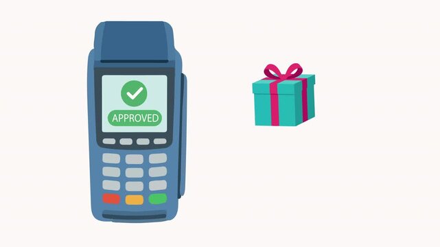 POS Terminal Credit Card Payment Concept: Approved Transaction for Holiday Gift Shopping, Contactless Card Payment Machine: Successful Retail Purchase Flat Vector Illustration, Electronic Bill Payment