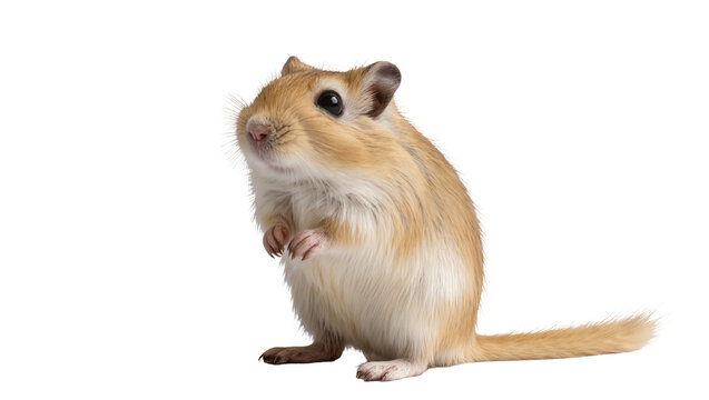 Small gerbil standing on hind legs, looking up