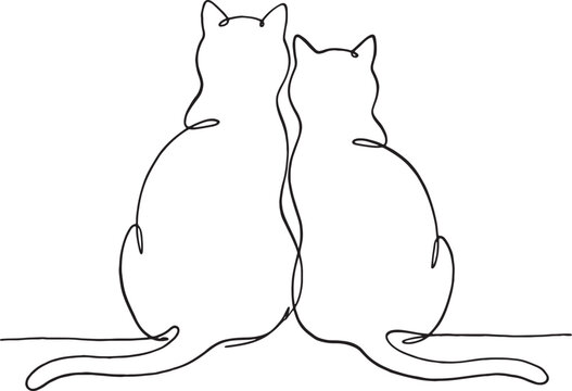Two cats sitting side by side continuous line drawing with continuous, together
