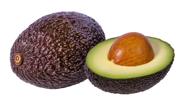 Whole and halved Hass avocado with large seed