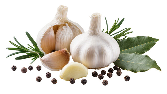Garlic bulbs cloves peppercorns, rosemary and bay leaves