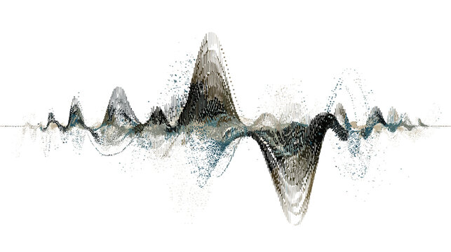 Abstract sound wave visualization with particles and vertical lines on white background