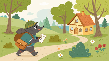Naklejka premium Adorable mole postman delivering letters in a whimsical forest landscape illustration featuring a cozy cottage and lush greenery in a charming vector style