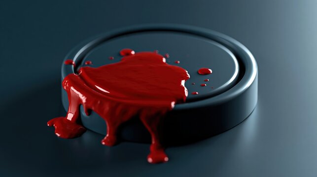 bouton circulaire sombre recouvert d'une &eacute;claboussure de peinture rouge