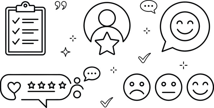 Customer review feedback user rating testimonial survey clipboard and satisfaction sentiment thin line vector icons set business