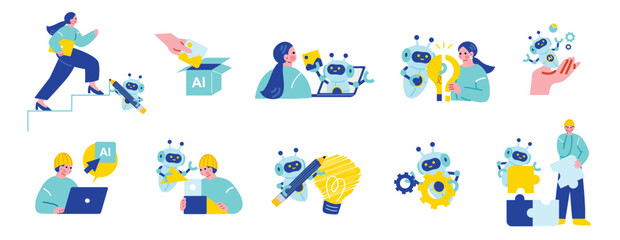 Plakat AIを活用する人々のイラストセット
