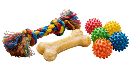 Dog chew toys braided rope bone, and spiky balls © Sophia
