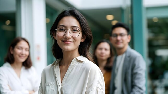 Jeune femme souriante &agrave; lunettes rondes devant une &eacute;quipe professionnelle