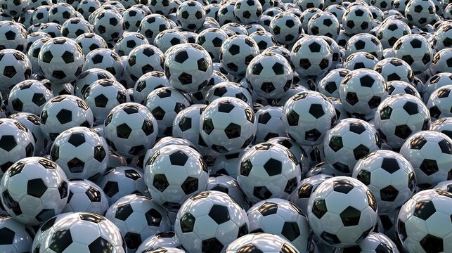 Une multitude de ballons de football noir et blanc entass&eacute;s