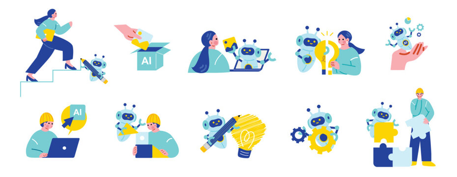 AIを活用する人々のイラストセット