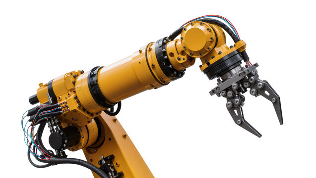 Yellow industrial robotic arm with gripper