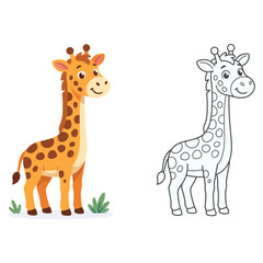 Obraz premium Adorable cartoon giraffe illustration next to its outline for coloring on a white background