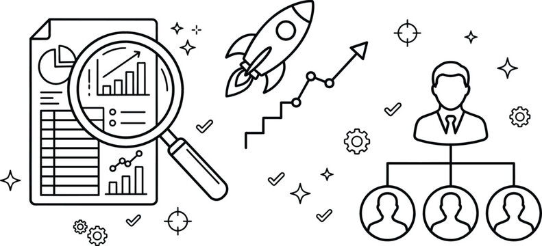 Business startup launch market data analytics audit corporate management hierarchy structure and company growth thin line icons set