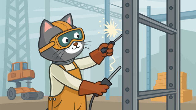 Cartoon cat in safety gear welding metal beams at construction site