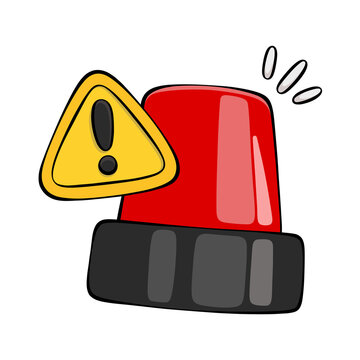 Cartoon red emergency siren flasher light with yellow exclamation mark warning triangle sign icon isolated on transparent background vector