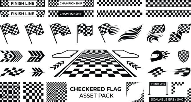 Racing Checkered Flag Asset Pack Bundle with Finish Line Ribbons Track Elements Helmet and Speed Icons for Motorsport Vector Design