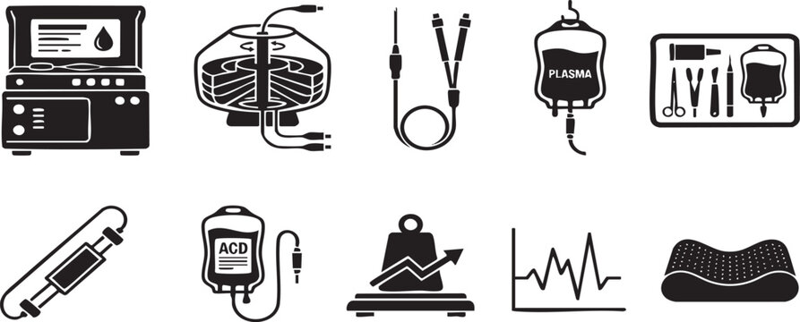 Medical blood donation icons set, plasma transfusion equipment vectors, laboratory dialysis and surgery tools