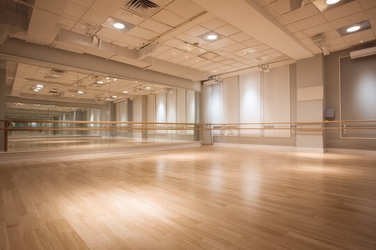Serene, unoccupied dance studio in a fitness center featuring full-length mirrors and a wooden floor