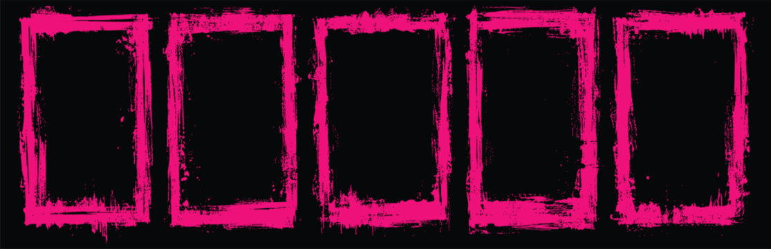 Set of five grunge rectangular frames in bright pink color, distressed paint texture borders for design elements