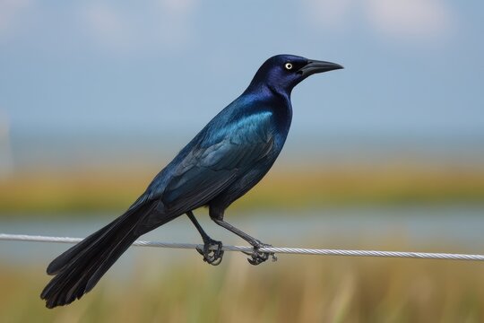 Silhouette of a great-tailed grackle on a wire in the Gulf Coast marshes, Texas