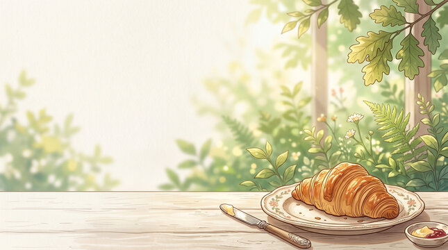 Butter Croissant with Summer Greenery and Morning Caf&eacute; Atmosphere