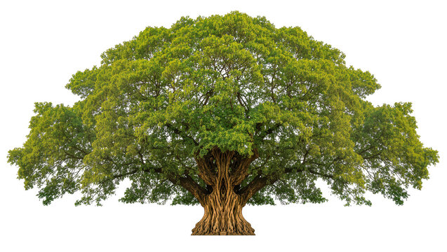 Massive ancient banyan tree with thick gnarled trunk and lush green canopy