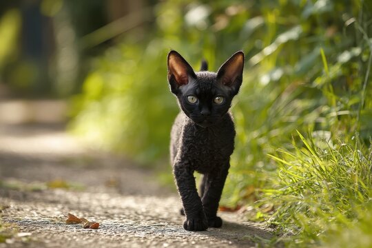 Small Devon Rex kitten with large ears walking through a leafy garden setting
