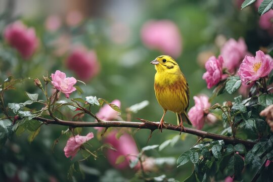 Spring garden scene featuring a yellowhammer on a slender rosebush twig