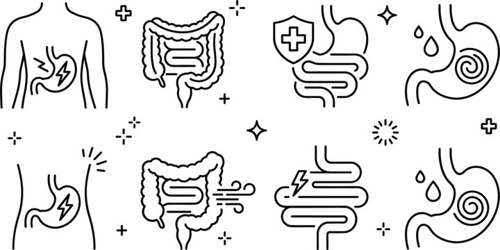 Medical gastroenterology digestive system stomach ache gut health bloating and intestinal tract problems thin line vector icons set